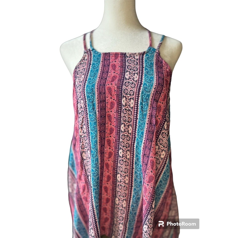 Pink Rose Women's Boho Paisley Stripe Handkerchief Hem Tank Top L coquette